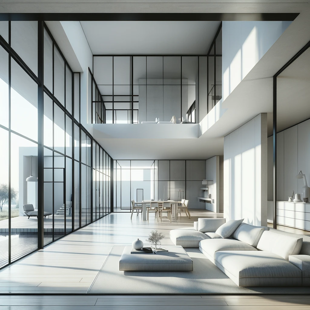 a minimalist house interior focusing on windows and natural light. The design features large, floor-to-ceiling windows, clean lines, white walls, and simple modern furniture, creating a serene and bright living environment.