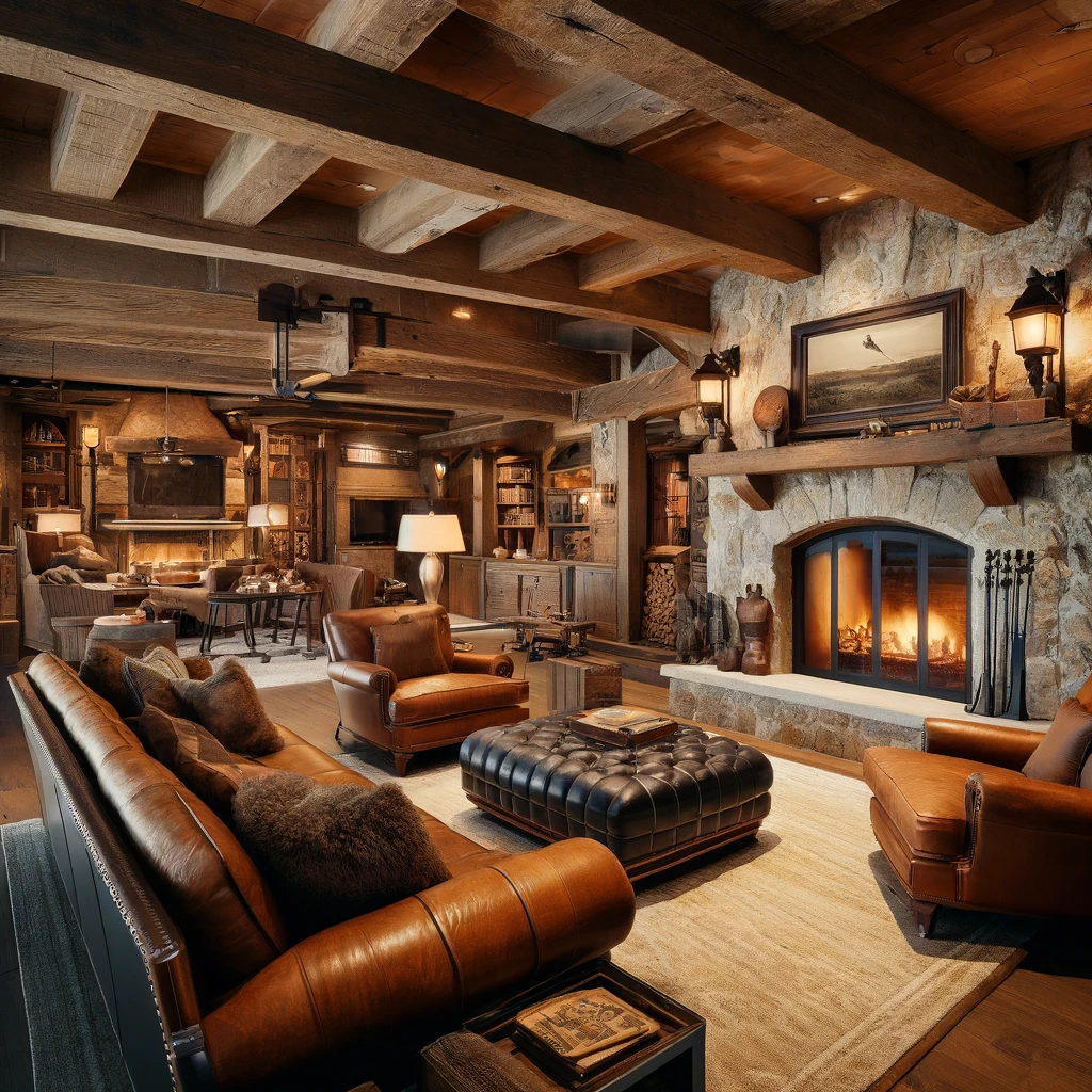 an image of a luxurious rustic man cave that combines traditional elements like wooden beams and stone walls with modern touches